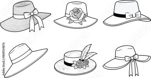 Black and white of six different hats with ribbons and flowers fashion accessories