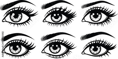 Black and white of six female eyes with varying eyebrow and eyelash styles eyebrows
