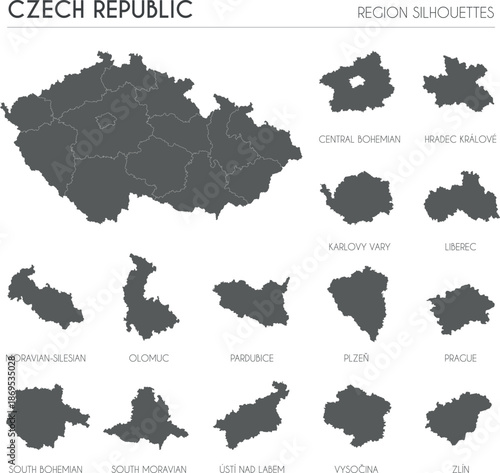 Czech Republic region silhouettes set and blank map of the country isolated on white background. Vector illustration design