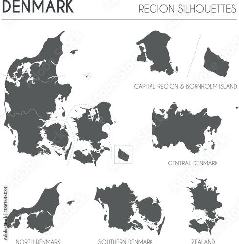 Denmark region silhouettes set and blank map of the country isolated on white background. Vector illustration design