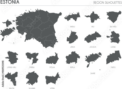 Estonia region silhouettes set and blank map of the country isolated on white background. Vector illustration design