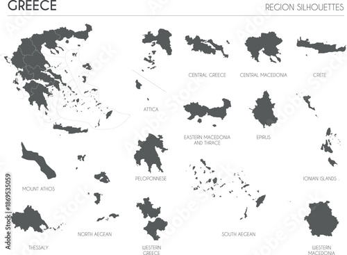 Greece region silhouettes set and blank map of the country isolated on white background. Vector illustration design