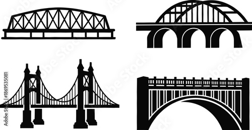 Black and white silhouette of four different bridge types arch beam suspension bridge silhouettes