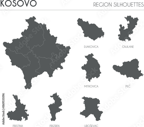 Kosovo region silhouettes set and blank map of the country isolated on white background. Vector illustration design