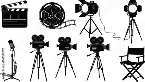 Cinema production equipment set with movie cameras, clapperboard, film reel, studio lights, director chair, and microphone silhouettes isolated on white background vector illustration