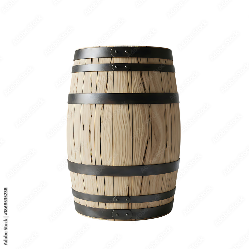 Obraz premium Wooden barrel with black metal hoops on transparent background