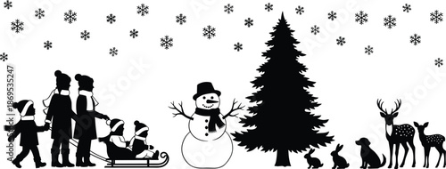 Black and white winter scene with snowman tree people sled snowflakes