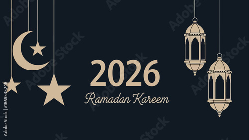 Ramadan kareem 2026 with hanging moon and stars