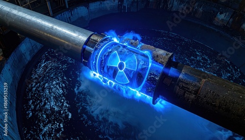 Radioactive Material Symbol Glowing Blue Energy Around Industrial Pipe.