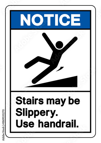 Notice Stairs May Be Slippery Use Handrail Symbol Sign,Vector Illustration, Isolate On White Background Label. EPS10