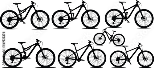 Bicycle silhouettes set, black mountain bike icons, side view cycle vector pack, editable transport illustration for outdoor and sport design