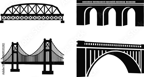 Black and white silhouettes of four bridge types including arch bridge suspension bridge and truss bridge