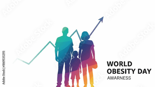 World Obesity Day Awareness Family Silhouette with Upward Trend Graph.