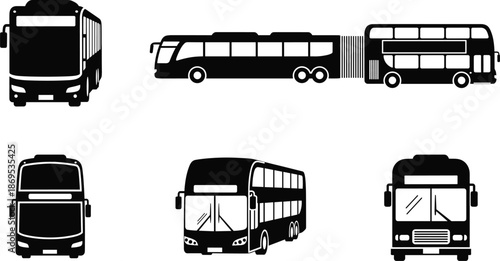Black and white silhouette vector set of public transport buses, including double-decker, articulated, and single-decker styles, isolated icons for transit design
