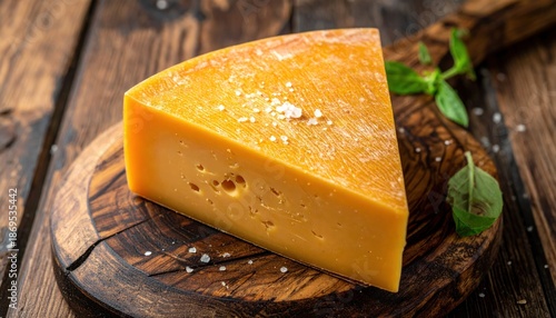 A Wedge of Aged Cheddar Cheese on a Rustic Wooden Board.
