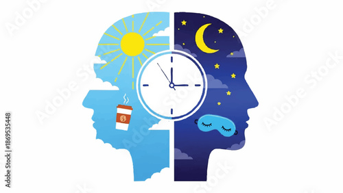 Human head silhouette divided into day and night with clock and sleep mask.