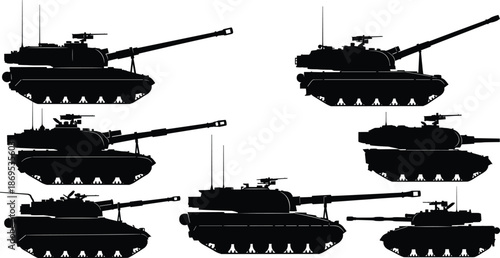 Black silhouette vector set of six military tanks in side view, showing turret, barrel, and track variations, isolated on white background