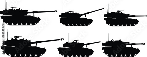 Black silhouette vector set of six military tanks in side view, showing turret, barrel, and antenna variations, isolated on white background