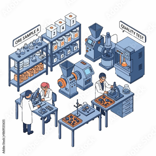 Isometric illustration of a mining laboratory with scientists and machinery.