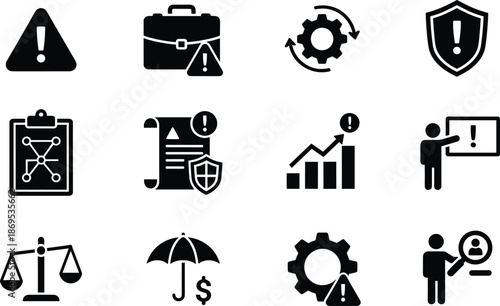 Black business risk management icon set featuring warning signs, shield, briefcase, gears, and financial analysis symbols on white.