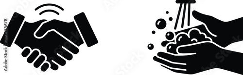 Black silhouette icons of a professional handshake and hands washing with soap bubbles for hygiene and business concepts.