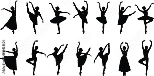 Black silhouettes of ballerinas in various dance poses on white background ballet