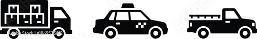 Black silhouette set of delivery truck taxi cab and pickup vehicle icons isolated on white background for transportation.