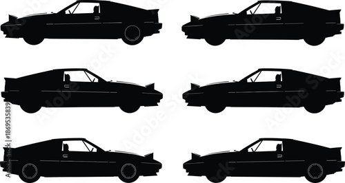 Car silhouettes set, black vehicle icons, side view automobile vector pack, identical sedan shapes, editable transport illustration for automotive design