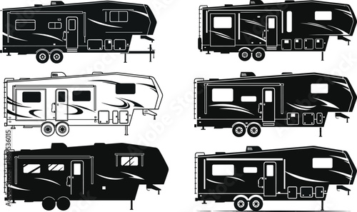 Fifth-wheel trailer silhouettes set, black RV icons, camping vehicle vector pack, side view travel trailer shapes, editable outdoor design illustration