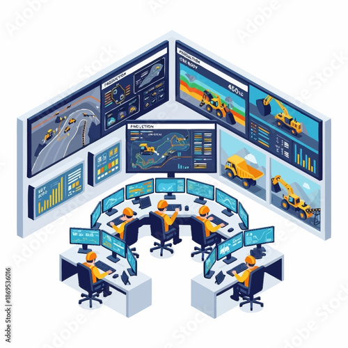 Isometric illustration of a modern control room with operators monitoring industrial operations.