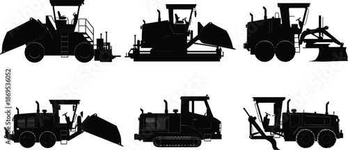 Construction vehicle silhouettes set, black heavy machinery icons, roadwork equipment vector pack, side view machines with operators, editable civil engineering illustration