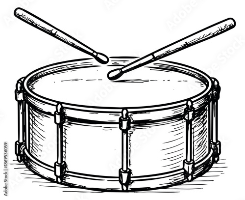 Hand drawn line art illustration of a snare drum with drumsticks depicting a percussion instrument for music