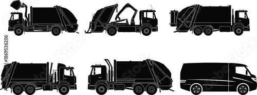 Garbage and utility truck silhouettes set, black waste collection vehicle icons, side view sanitation vector pack, editable urban transport illustration