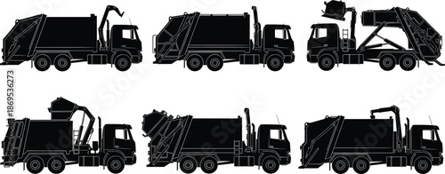 Garbage truck silhouettes set, black waste collection vehicle icons, side view sanitation truck vector pack, editable urban transport illustration for recycling design