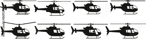Helicopter silhouettes set, black aircraft icons, aviation vehicle vector pack, side view rotorcraft shapes, editable flying machine illustration for transport design