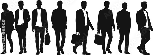 Black silhouettes of businessmen walking with briefcases on white background