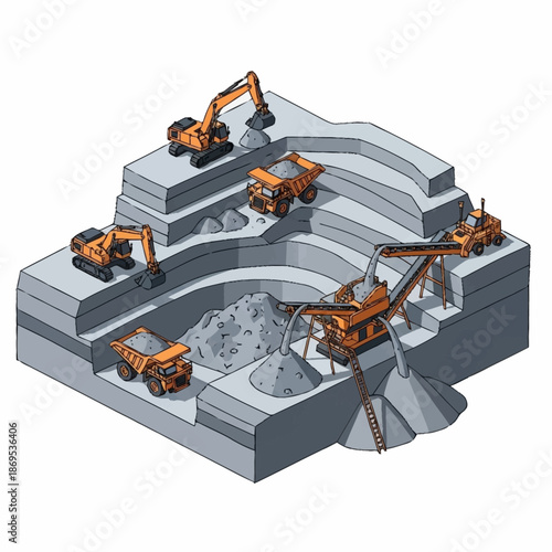 Isometric illustration of an open-pit mine with heavy machinery.