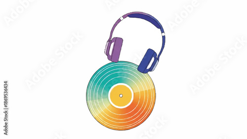 Colorful Vinyl Record with Headphones Symbolizing Music.