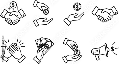 Business and finance line icon set featuring handshakes with dollar coins money transactions clapping hands and megaphone for successful partnership and marketing concepts.