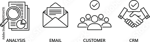 Business data analysis and customer relationship management icon set featuring email marketing research and professional handshake for successful corporate partnership and growth.
