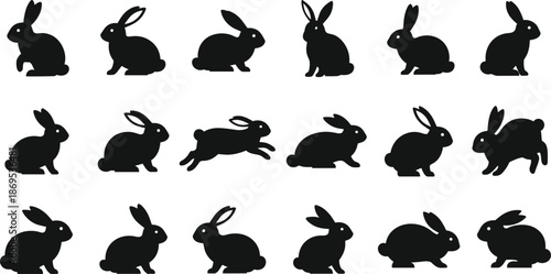 Black silhouettes of rabbits in various poses on white background animal