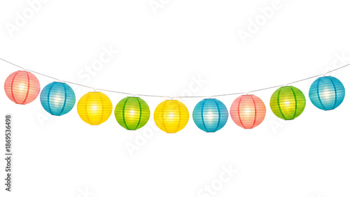 Colorful paper lanterns in a horizontal line