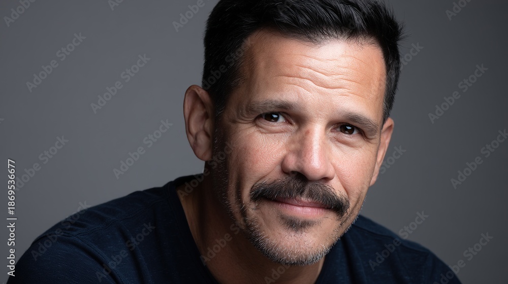 Obraz premium Handsome smiling 45-year-old male actor with black hair and mustache wearing dark blue t-shirt, facing camera against gray background with soft lighting.