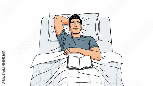 Man sleeping peacefully in bed with a book.