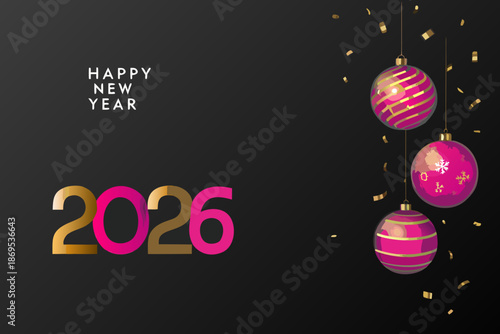 Festive new year celebration with golden numbers and vibrant hanging ornaments