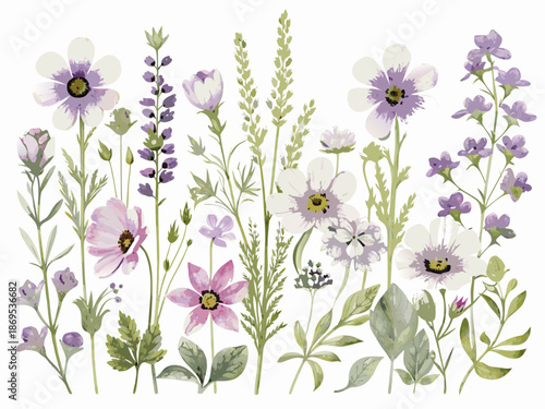 Watercolor floral arrangement featuring delicate wildflowers and lush green stems