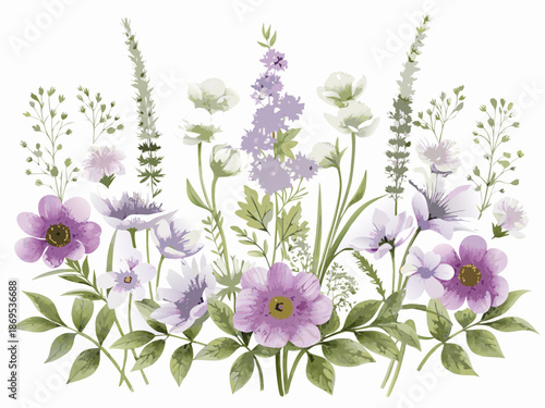 A delicate watercolor arrangement of various purple and white wildflowers