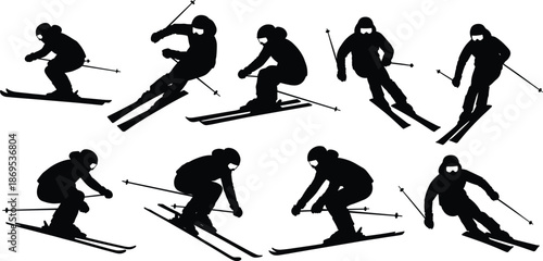 Black silhouettes of skiers in various skiing positions on white background