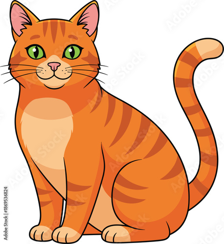 Cute ginger tabby cat vector illustration sitting isolated on white background featuring orange stripes green eyes and friendly expression for pet care and animal lovers.