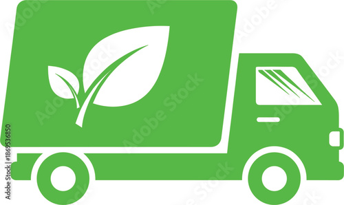 Eco friendly green delivery truck icon with leaf symbol representing sustainable logistics environmental transportation and carbon neutral shipping for corporate social responsibility.